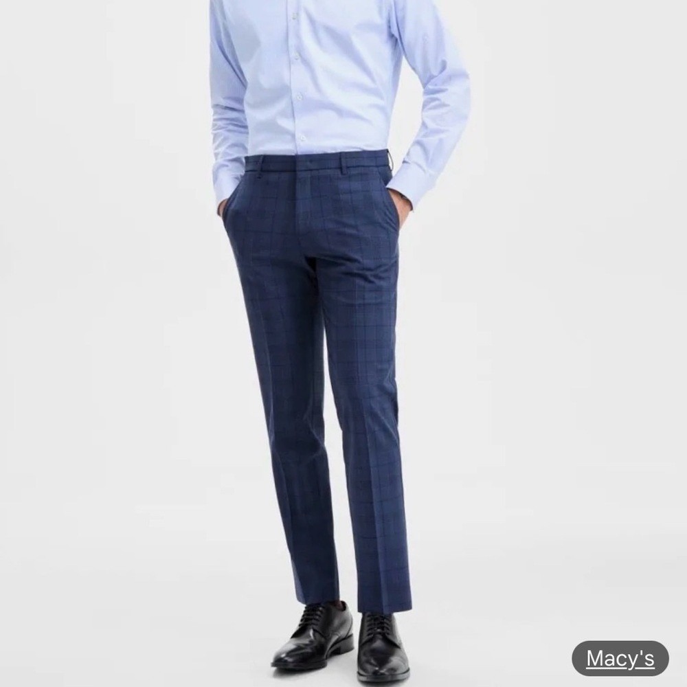 Tommy HIlfiger Mens Navy Blue Glen Plaid Dress Pants Flat Front Slacks NWOT